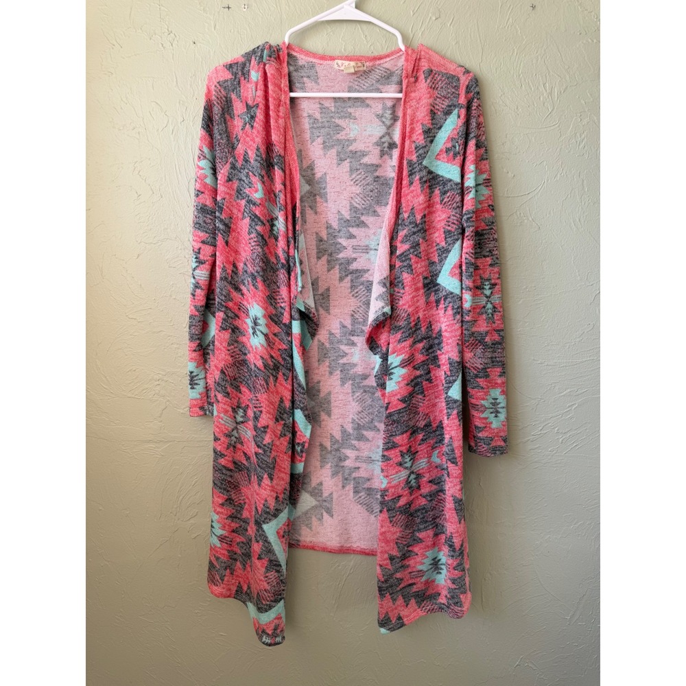 Its Our Time Geometric Print Cardigan‎ Duster Coral Black Aqua L
